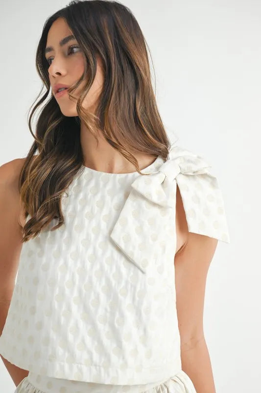 Taffeta Polka Dot Shoulder Ribbon Top and Skirt Set