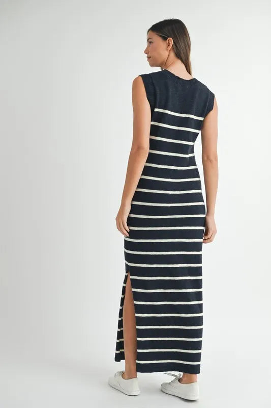 Sleeveless Stripe Sweater Maxi Side Slit Dress