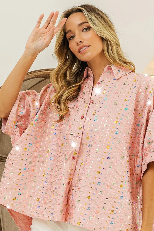 Sequin Striped Short Dolman Sleeve Blouse