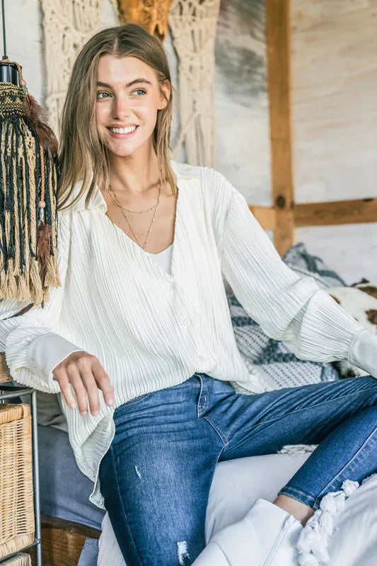 V Neck Pleated Long Sleeves Shirt