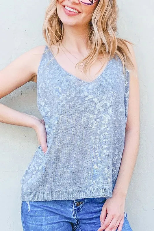 Leopard Foil Print Sleeveless Sweater Top