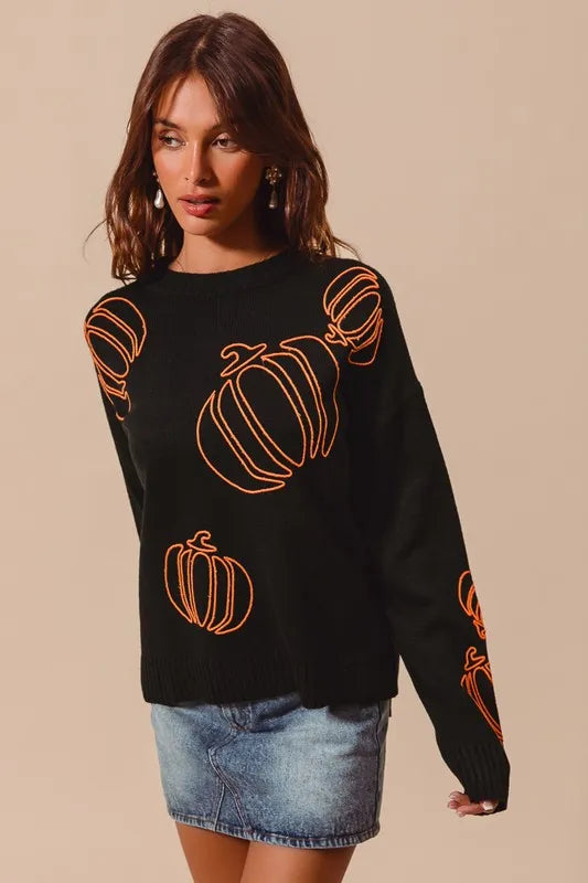 Pumpkin-Themed Festive Holiday Knit Sweater
