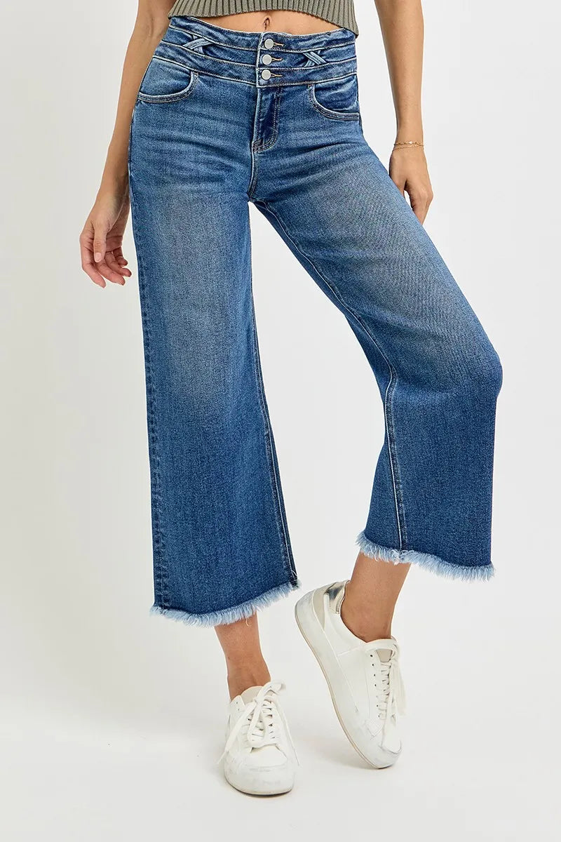 High Waist Cropped Wide Leg Jeans with Unique Band Detail
