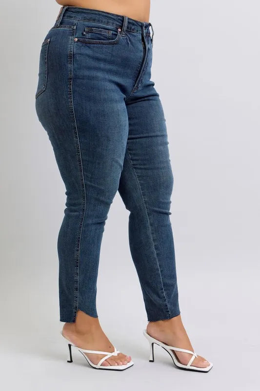 Full Size High Waist Tummy Control Step Hem Skinny Jeans Plus Size