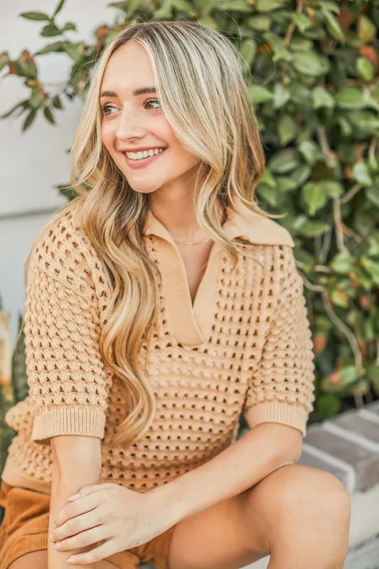 Hollow Out Polo Sweater Top
