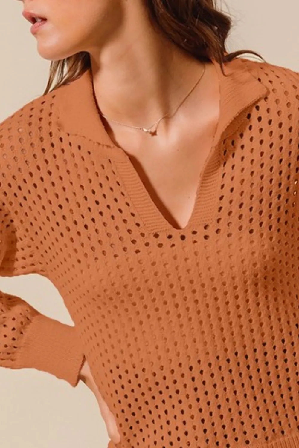 Open Knit Polo Sweater Top