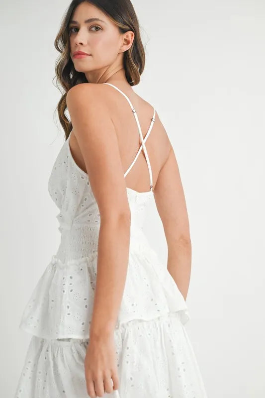 Lace Eyelet Ruffle Mini Dress With Front Cutout