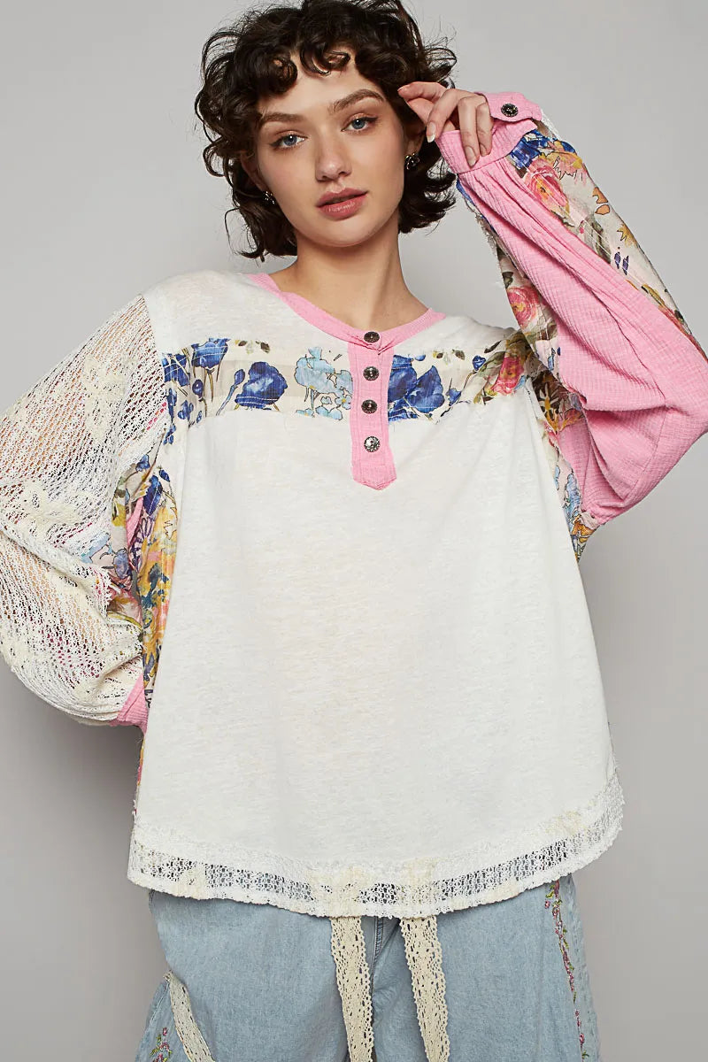 Floral Patchwork Crochet Sleeve Buttoned Lace Trim Blouse