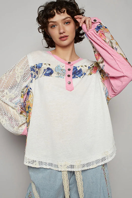 Floral Patchwork Crochet Sleeve Buttoned Lace Trim Blouse