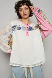 Floral Patchwork Crochet Sleeve Buttoned Lace Trim Blouse
