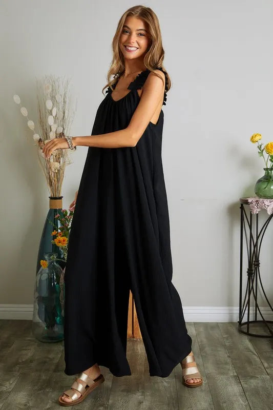 Full Size Elastic Ruffle Shoulder Jumpsuit Plus Size