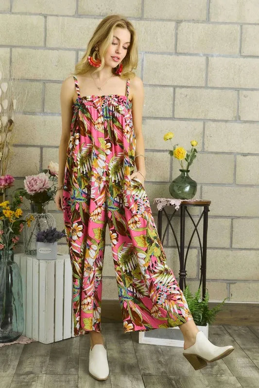 Elastic Detail Tropical Jumpsuit