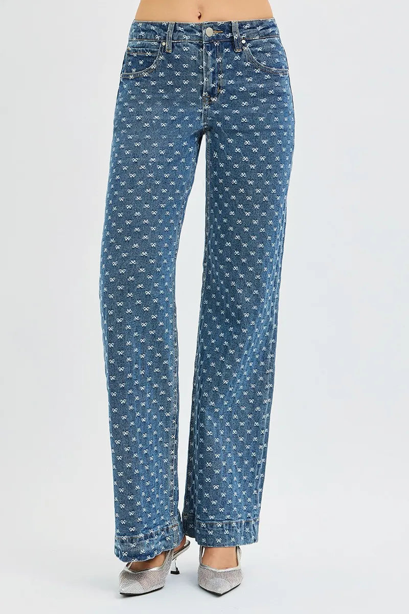 High Waist Bow-Embellished Wide Leg Jeans