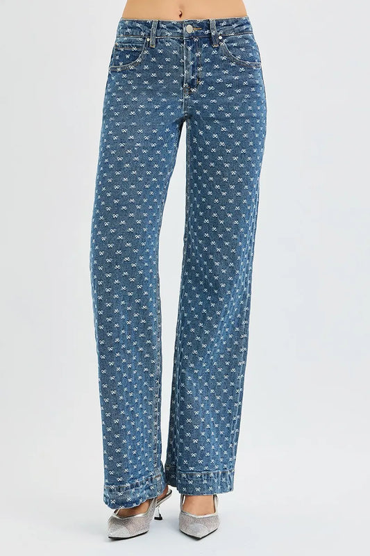 High Waist Bow-Embellished Wide Leg Jeans
