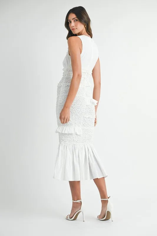 Ruffled Popcorn Smocked Mermaid Midi Dress