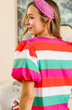 Multi Stripe Color Print Puff Sleeves V Neck Top
