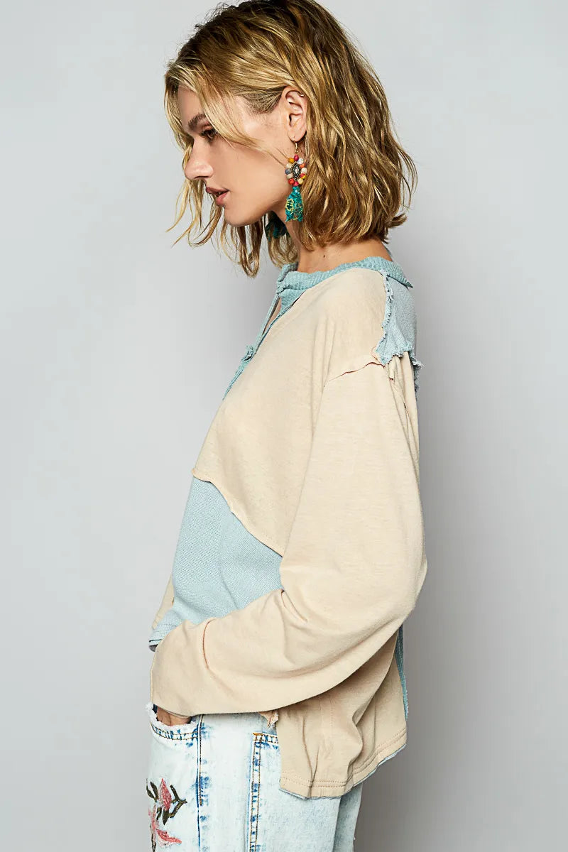 Notched Neckline Long Sleeve Tee Shirt
