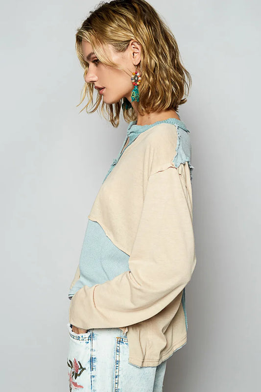 Notched Neckline Long Sleeve Tee Shirt