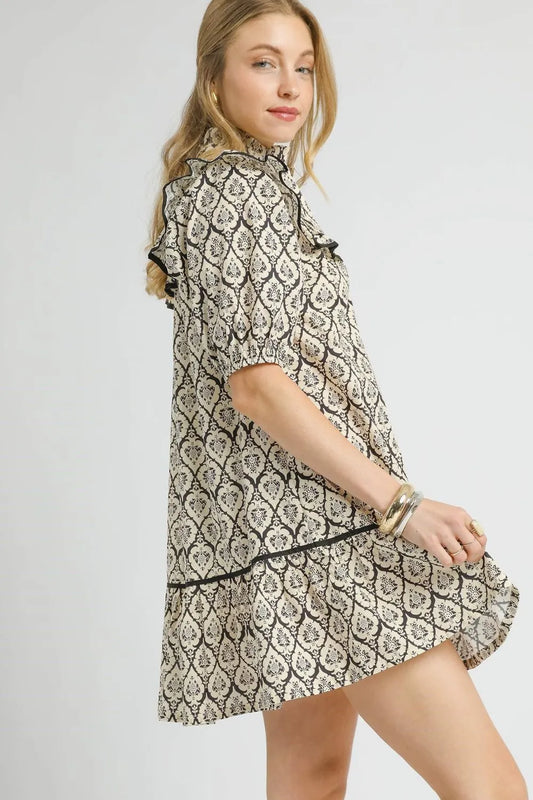 Boho Geometric Ruffle Collar Mini Dress