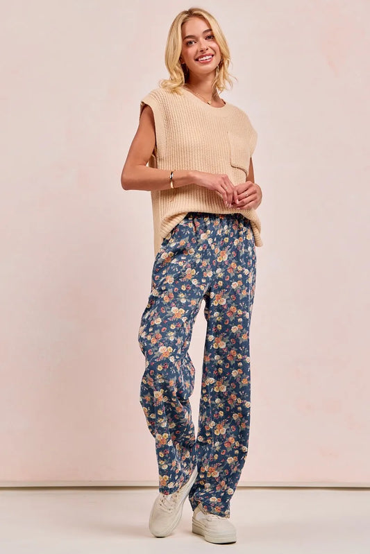 Vintage Bohemian Floral Wide-Leg Denim Jeans