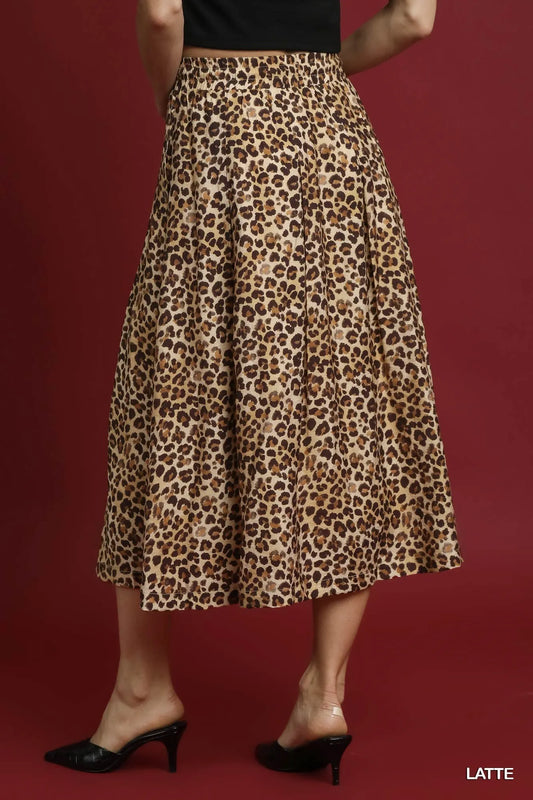 Leopard Print A-Line Midi Skirt with Drawstring