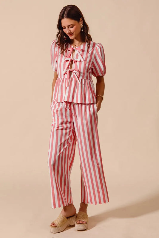 Bow-Front Striped Blouse and Relaxed Wide-Leg Pant Ensemble