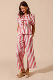 Bow-Front Striped Blouse and Relaxed Wide-Leg Pant Ensemble
