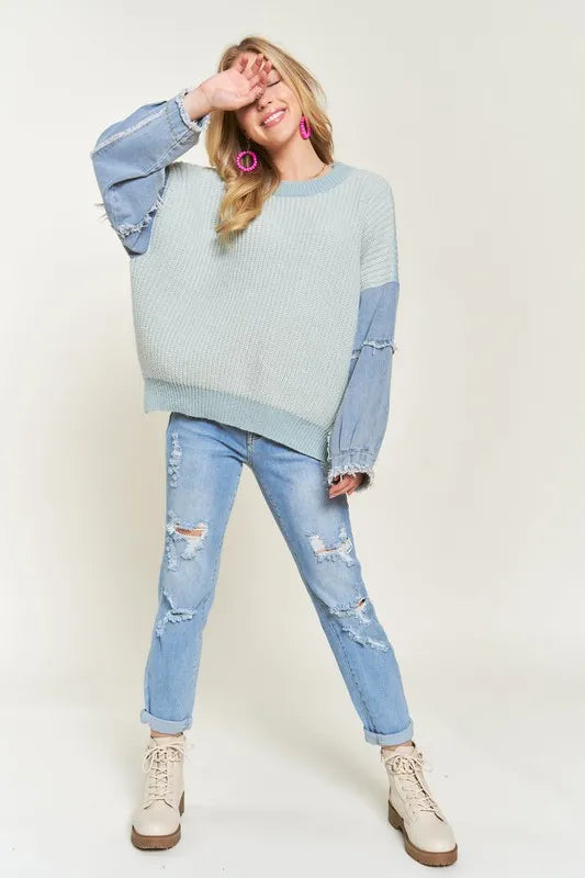 Plus Size Frayed Denim Sleeve Sweater Top