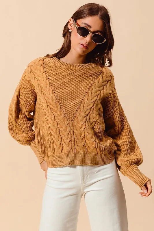 Mineral Washed Loose Fit Textured Cable Sweater