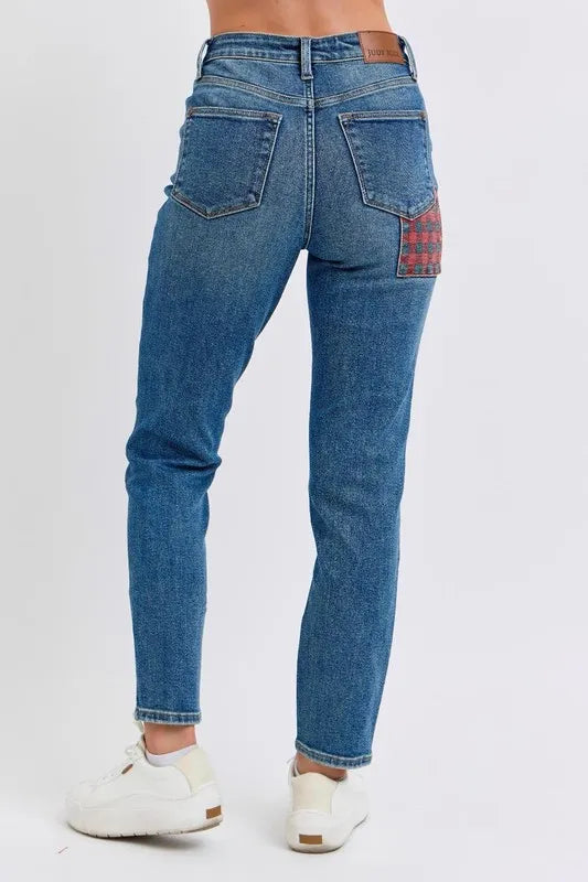 Full Size HW Plaid Patch Slim Fit Jeans Plus Size