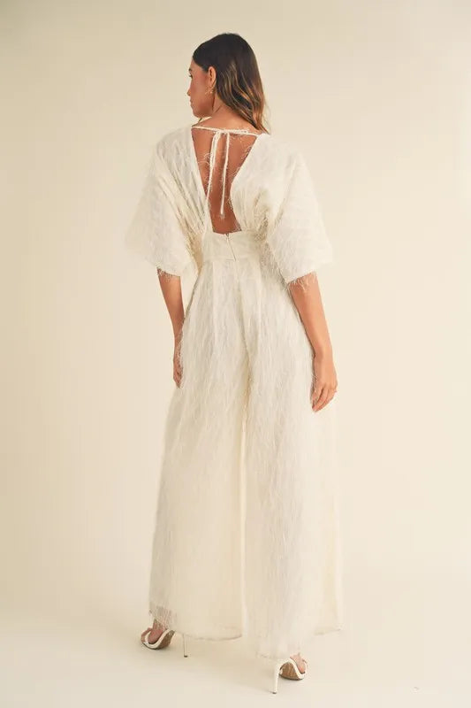 Fluffy Deep V Neck Wide Leg Jumpsuit