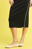 Contrast-Piped Midi Pencil Skirt in Sleek Black