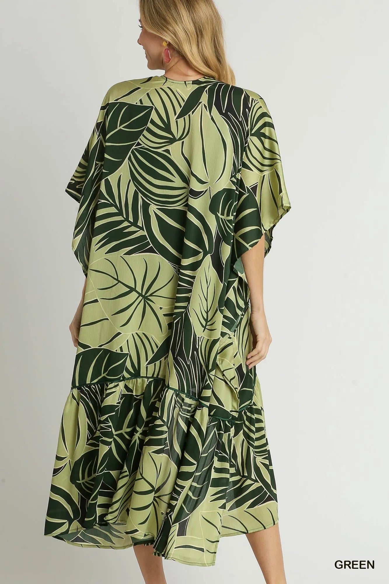 Satin Tropical Flora Open Front Kimono with Ruffle Accents