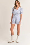Striped Puff Sleeve Collared Neck Romper