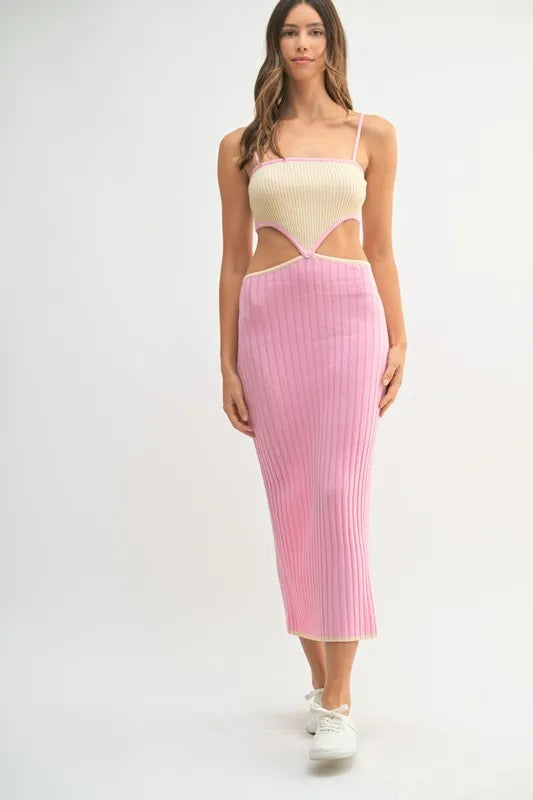 Ribbed Knit Color Block Cutout Midi Dress