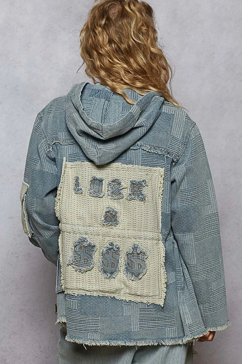Patchwork Distressed Zip Up Hooded Denim Jacket