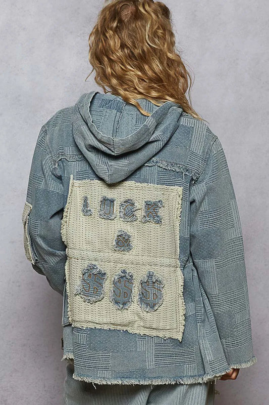 Patchwork Distressed Zip Up Hooded Denim Jacket