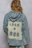 Patchwork Distressed Zip Up Hooded Denim Jacket