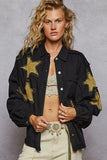 Star Embellished Raw Edge Button Front Denim Jacket