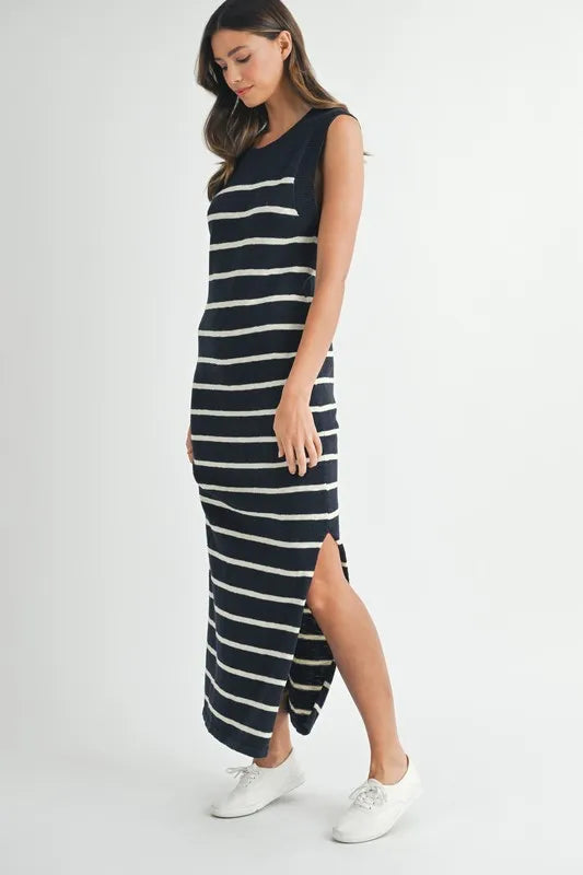 Sleeveless Stripe Sweater Maxi Side Slit Dress
