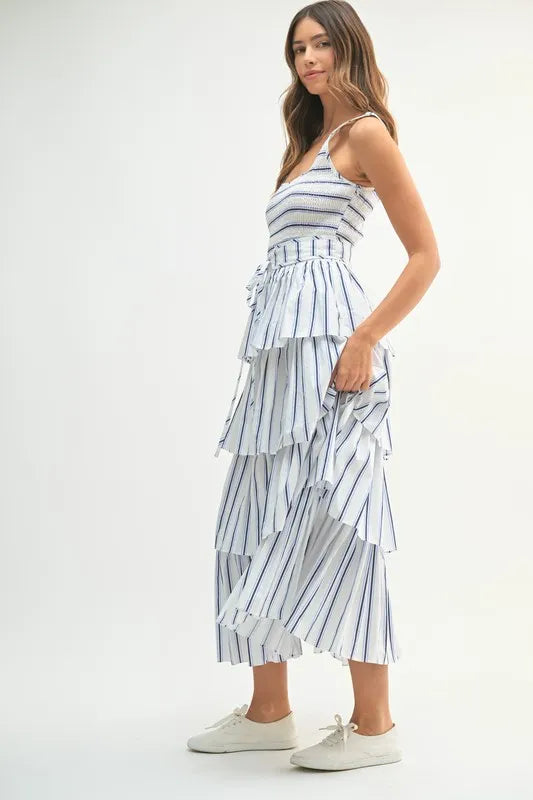 Pin Stripe Smocked Bodice Layered Midi Dress