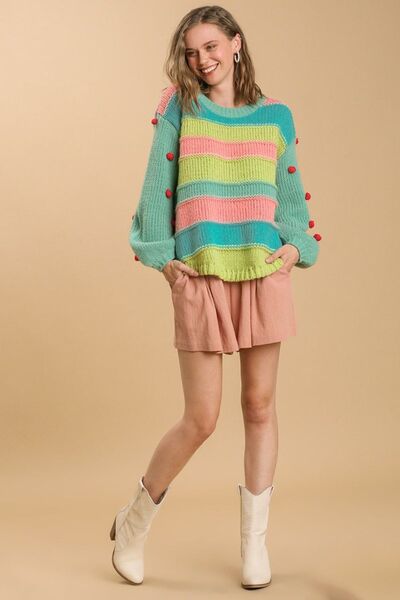 Full Size Color Block Cable Knit Sweater with Pom Pom Plus Size