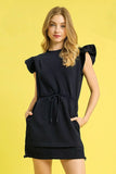 Elegant Knit Ruffle Sleeve Drawstring Dress