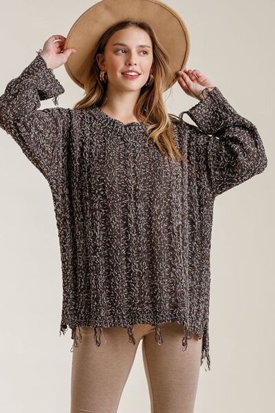 Full Size Frayed Hem Cable Knit Round Neck Sweater Plus Size
