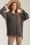 Full Size Frayed Hem Cable Knit Round Neck Sweater Plus Size