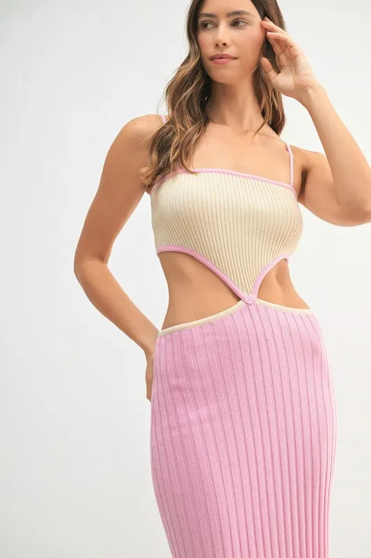 Ribbed Knit Color Block Cutout Midi Dress