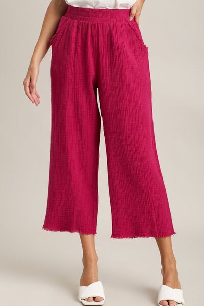 Full Size Raw Hem Elastic Waist Wide Leg Pants Plus Size