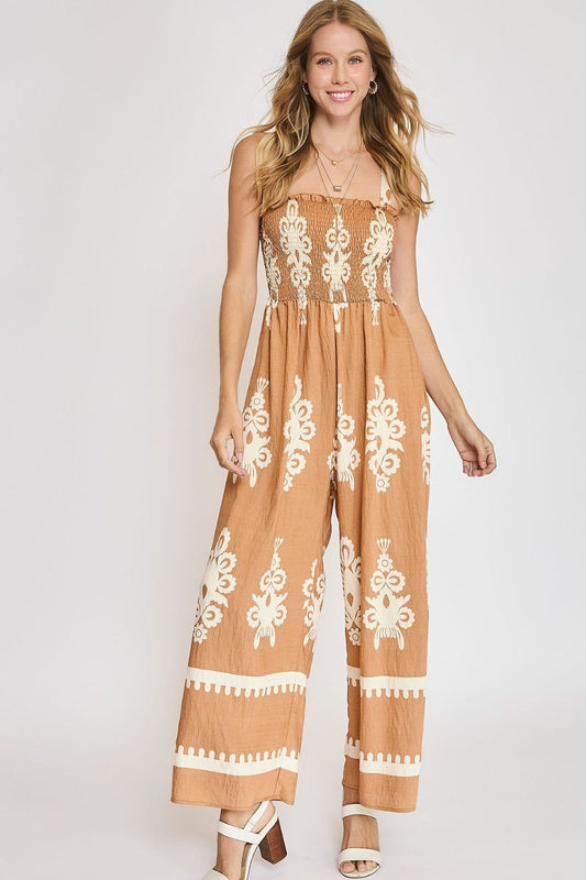 Full Size Smocked Printed Wide Leg Jumpsuit Plus Size