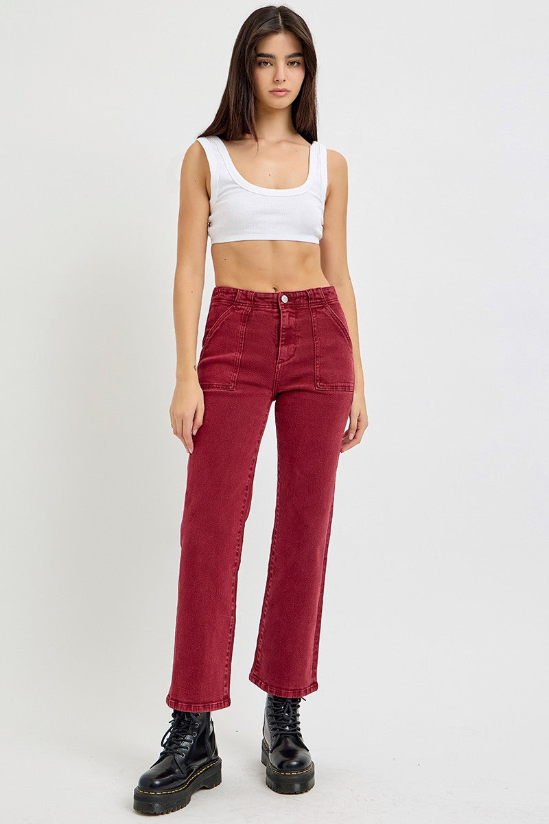 Full Size High Rise Straight Jeans with Patch Pockets - Wine