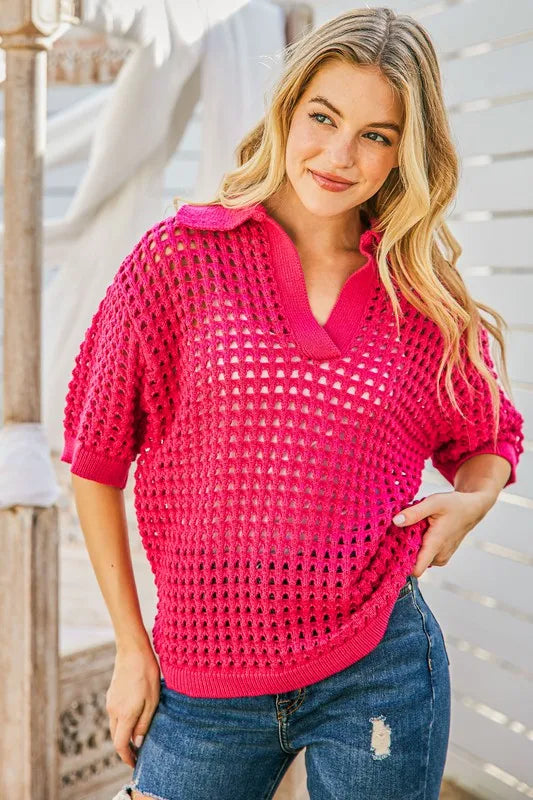 Hollow Out Polo Sweater Top